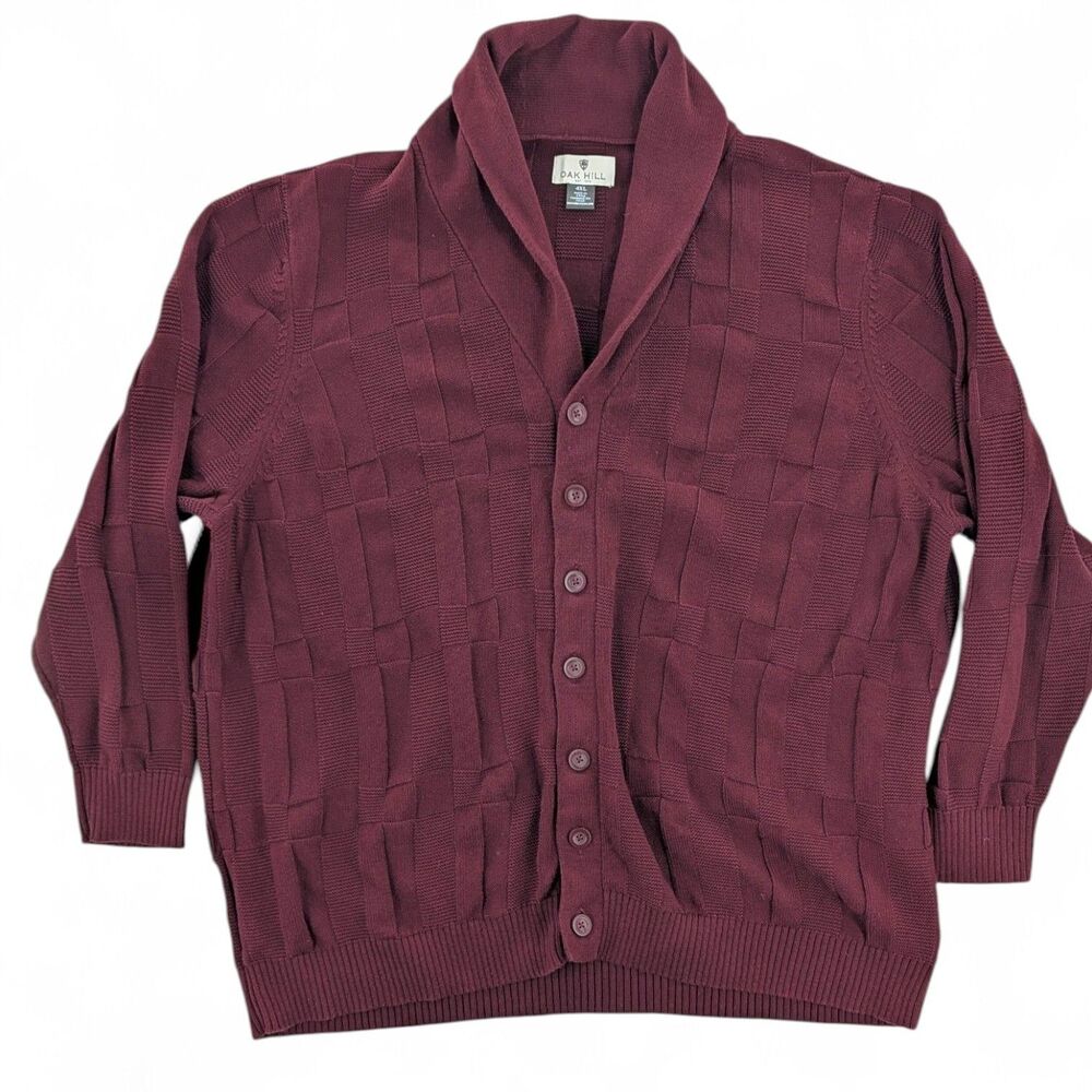 Oak Hill  4XL Shawl Collar Cardigan Sweater Burgundy Button Knit Men Checkered